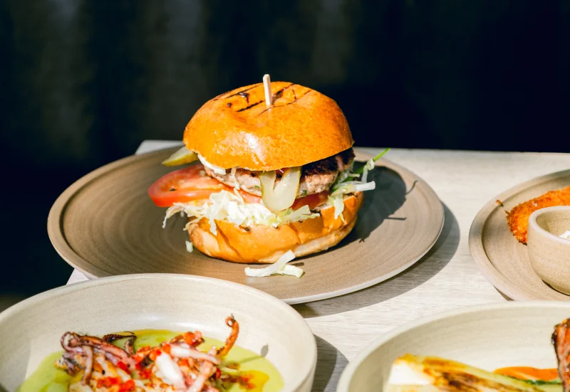 Gourmet burger with melted cheese, fresh coleslaw and tomato on a toasted bun, served on a grey plate alongside other plated dishes at a fine dining restaurant.