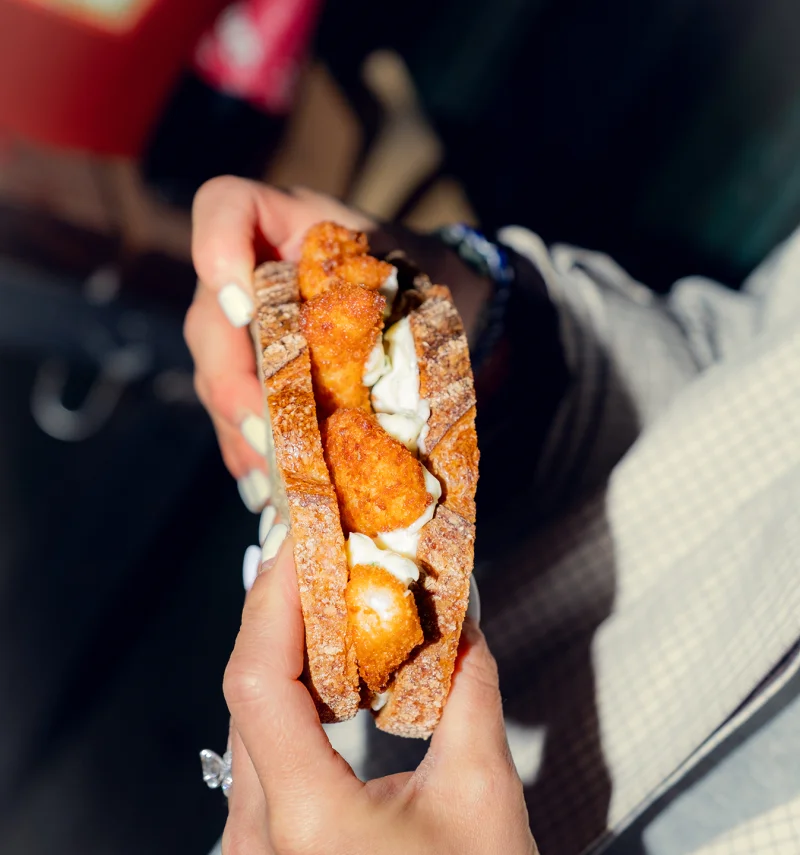 Person holding a sandwich with golden-brown fried chicken patty and white sauce between seeded brown bread slices, outdoors during daytime.