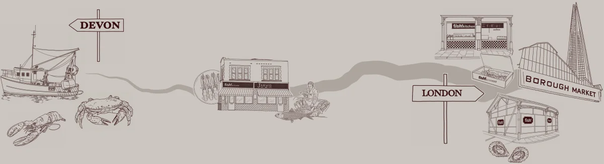 Illustrated map showing Fish! restaurant locations in Devon and London, featuring seafood imagery including boats, crustaceans, market buildings and street signs in a sketch style.